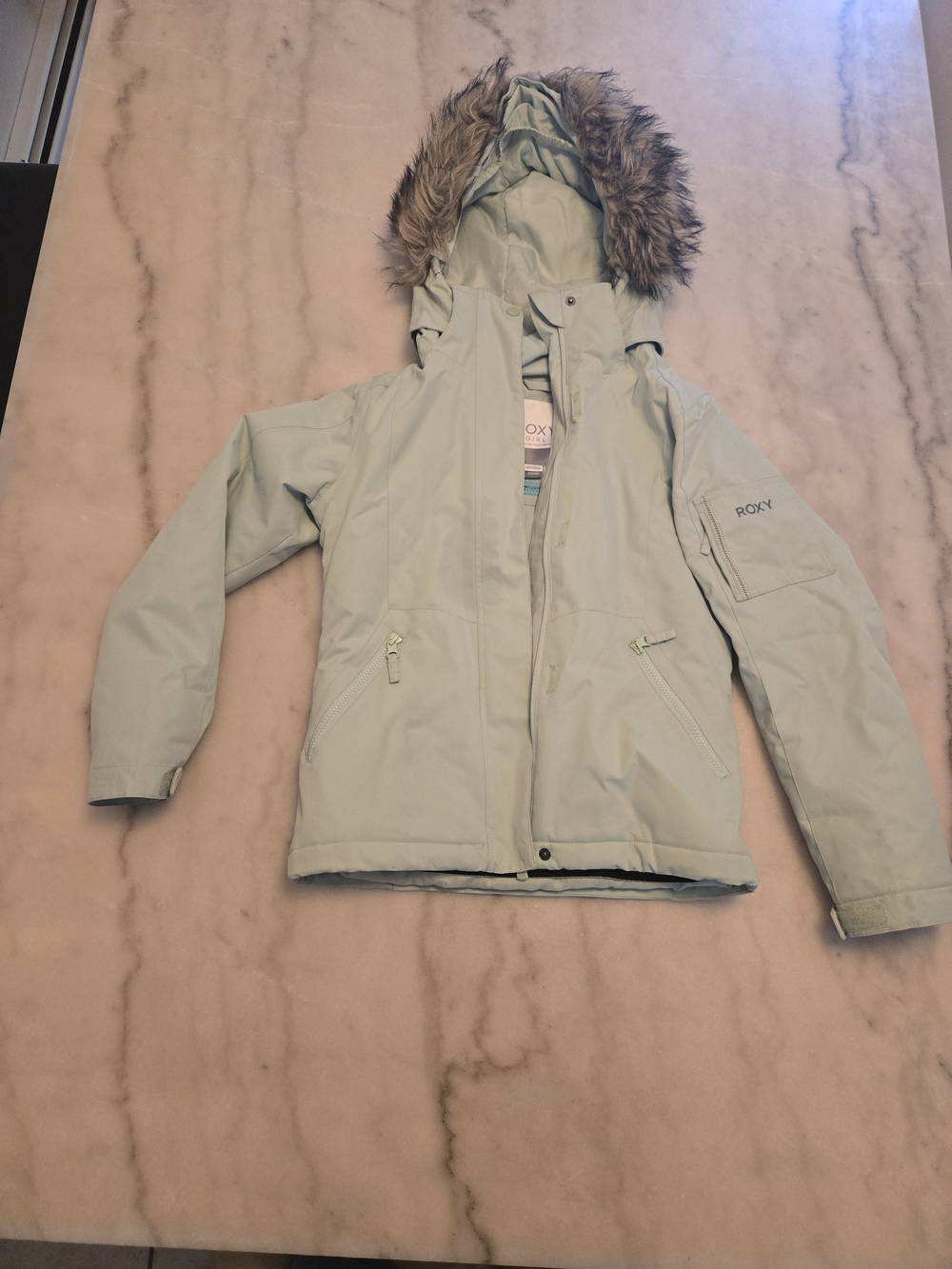 Roxy Girls Mint Green Hooded Puffer Jacket with Faux Fur Trim